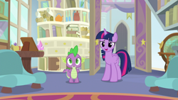 Size: 1920x1080 | Tagged: safe, screencap, character:spike, character:twilight sparkle, character:twilight sparkle (alicorn), species:alicorn, species:dragon, species:pony, episode:a horse shoe-in, g4, my little pony: friendship is magic, book, bookshelf, couch, duo, female, male, mare, philodendron, potted plant, scroll, starlight's office, winged spike