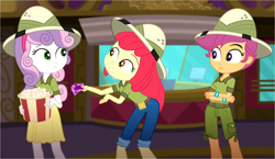 Size: 2648x1535 | Tagged: safe, screencap, character:apple bloom, character:scootaloo, character:sweetie belle, species:pegasus, species:pony, episode:the canterlot movie club, eqg summertime shorts, g4, my little pony:equestria girls, boots, clothing, cutie mark crusaders, food, hat, jeans, looking at each other, looking at someone, pants, popcorn, shirt, shoes, shorts, skirt, theater, ticket, tickets