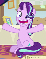 Size: 385x493 | Tagged: safe, screencap, character:starlight glimmer, species:pony, species:unicorn, episode:a horse shoe-in, g4, my little pony: friendship is magic, cropped, cute, faec, female, glimmerbetes, grin, mare, smiling, spread hooves, starlight's office