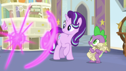Size: 1920x1080 | Tagged: safe, screencap, character:spike, character:starlight glimmer, species:dragon, species:pony, species:unicorn, episode:a horse shoe-in, g4, my little pony: friendship is magic, book, bookshelf, female, globe, magic, male, mare, scroll, starlight's office, teleportation, trio, winged spike