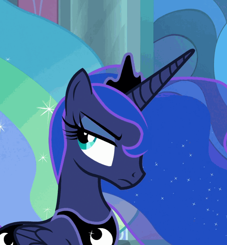 Size: 739x796 | Tagged: safe, screencap, character:princess luna, species:alicorn, species:pony, episode:sparkle's seven, g4, my little pony: friendship is magic, animated, cropped, cute, female, flowing mane, gif, luna is not amused, lunabetes, mare, offscreen character, pouting, raised eyebrow, solo focus, throne room, unamused
