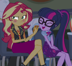 Size: 626x575 | Tagged: safe, screencap, character:sunset shimmer, character:twilight sparkle, character:twilight sparkle (scitwi), species:eqg human, episode:cheer you on, g4, my little pony:equestria girls, blushing, cropped, geode of empathy, geode of telekinesis, magical geodes
