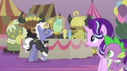 Size: 1280x720 | Tagged: safe, screencap, character:spike, character:starlight glimmer, species:dragon, species:pony, species:unicorn, species:yak, episode:memories and more, applesauce, bow tie, clothing, cloven hooves, facial hair, female, glowing horn, horn, magic, male, mare, moustache, telekinesis, tuxedo, winged spike