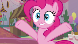 Size: 1280x720 | Tagged: safe, screencap, character:pinkie pie, species:earth pony, species:pony, episode:memories and more, episode:the last problem, g4, my little pony: friendship is magic, female, mare, raised hooves, smiling, solo, table, wide eyes