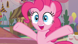 Size: 1280x720 | Tagged: safe, screencap, character:pinkie pie, species:earth pony, species:pony, episode:memories and more, 9now, cute, diapinkes, female, happy, mare, open mouth, raised hooves, smiling, solo, wide eyes