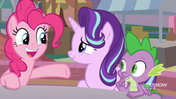 Size: 1280x720 | Tagged: safe, screencap, character:pinkie pie, character:spike, character:starlight glimmer, episode:memories and more, episode:the last problem, g4, my little pony: friendship is magic, 9now, smiling