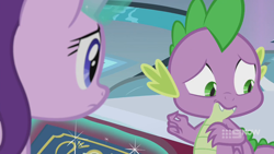 Size: 1280x720 | Tagged: safe, screencap, character:spike, character:starlight glimmer, species:dragon, species:pony, species:unicorn, episode:memories and more, 9now, book, duo, levitation, magic, magic aura, scrapbook, telekinesis, winged spike, worried