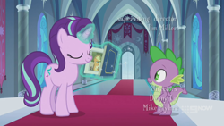 Size: 1280x720 | Tagged: safe, screencap, character:spike, character:starlight glimmer, species:dragon, species:pony, species:unicorn, episode:memories and more, 9now, book, eyes closed, levitation, magic, magic aura, scrapbook, smiling, telekinesis, winged spike