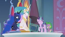 Size: 1280x720 | Tagged: safe, screencap, character:princess celestia, character:princess luna, character:spike, character:starlight glimmer, species:alicorn, species:dragon, species:pony, species:unicorn, episode:memories and more, 9now, book, eyes closed, levitation, looking at each other, magic, magic aura, scrapbook, smiling, telekinesis, winged spike