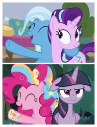Size: 3106x4096 | Tagged: safe, screencap, character:mean twilight sparkle, character:pinkie pie, character:starlight glimmer, character:trixie, episode:a horse shoe-in, episode:the mean 6, g4, my little pony: friendship is magic, floppy ears, rainbow power