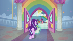 Size: 1920x1080 | Tagged: safe, screencap, character:spoiled rich, character:starlight glimmer, character:yona, species:pony, species:unicorn, episode:a horse shoe-in, g4, my little pony: friendship is magic, clipboard, door, female, magic, magic aura, mare, telekinesis