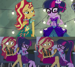 Size: 1218x1084 | Tagged: safe, screencap, character:bulk biceps, character:sunset shimmer, character:trixie, character:twilight sparkle, character:twilight sparkle (scitwi), species:eqg human, episode:cheer you on, equestria girls:legend of everfree, g4, my little pony:equestria girls, bare shoulders, blushing, canterlot high, crystal gala dress, drink, equestria girls season 2, female, geode of empathy, geode of telekinesis, implied flashimmer, implied shipping, implied straight, implied timbertwi, magical geodes, offscreen character, sleeveless, smiling, strapless