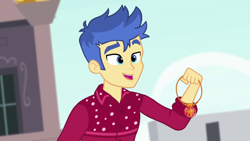 Size: 1280x720 | Tagged: safe, screencap, character:flash sentry, episode:cheer you on, g4, my little pony:equestria girls, blue eyes, clothing, geode of empathy, magical geodes, male, smiling