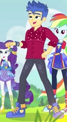 Size: 357x646 | Tagged: safe, screencap, character:flash sentry, character:rainbow dash, character:rarity, episode:cheer you on, g4, my little pony:equestria girls, blue sneakers, clothing, converse, cropped, female, male, pants, shoes, smiling