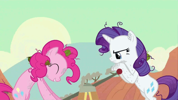 Size: 600x338 | Tagged: safe, screencap, character:pinkie pie, character:rarity, episode:the last roundup, g4, my little pony: friendship is magic, animated, handcar, messy mane