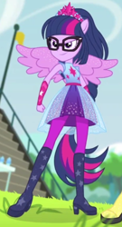 Size: 454x843 | Tagged: safe, screencap, character:sunset shimmer, character:twilight sparkle, character:twilight sparkle (scitwi), species:eqg human, episode:cheer you on, g4, my little pony:equestria girls, cropped, female, glasses, offscreen character, scitwilicorn, smiling, super ponied up