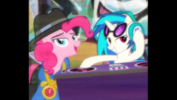 Size: 1280x720 | Tagged: safe, screencap, character:dj pon-3, character:pinkie pie, character:vinyl scratch, species:earth pony, species:pony, species:unicorn, episode:testing testing 1-2-3, g4, my little pony: friendship is magic, 4:3, 80s, alarm clock, bedroom eyes, bling, clock, close-up, clothing, dancing, female, graffiti, hat, headphones, hip hop, hoodie, mare, pants, pose, rap, rapper pie, shoes, sneakers, sunglasses, sweatpants, symbol, turntable, wonderbolts logo
