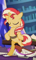 Size: 336x562 | Tagged: safe, screencap, character:sunset shimmer, species:pony, species:unicorn, equestria girls:mirror magic, g4, my little pony:equestria girls, bipedal, book, cropped, eyes closed, female, floppy ears, in the human world for too long, mare, solo