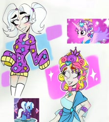 Size: 2607x2929 | Tagged: safe, artist:citi, gameloft, screencap, character:princess cadance, character:trixie, species:human, episode:games ponies play, g4, my little pony: friendship is magic, alternate hairstyle, babysitter trixie, ceremonial headdress, clothing, dress, hoodie, humanized, pigtails, scene interpretation, screencap reference
