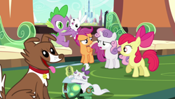 Size: 1280x720 | Tagged: safe, screencap, character:angel bunny, character:apple bloom, character:opalescence, character:scootaloo, character:spike, character:sweetie belle, character:tank, character:winona, species:pegasus, species:pony, episode:just for sidekicks, g4, my little pony: friendship is magic, crystal empire, cutie mark crusaders, opaltank