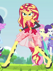 Size: 736x973 | Tagged: safe, screencap, character:fluttershy, character:rarity, character:sunset shimmer, episode:cheer you on, g4, my little pony:equestria girls, cropped, female, sleeveless, smiling, super ponied up