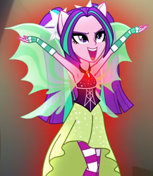 Size: 718x827 | Tagged: safe, screencap, character:aria blaze, equestria girls:rainbow rocks, g4, my little pony:equestria girls, armpits, arms in the air, cropped, disguise, disguised siren, fin wings, gem, my little pony, ponied up, siren gem, sleeveless, solo, wings