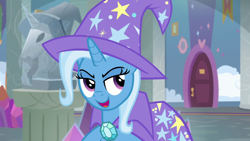 Size: 1920x1080 | Tagged: safe, screencap, character:trixie, species:pony, species:unicorn, episode:a horse shoe-in, g4, my little pony: friendship is magic, cape, clothing, female, gem, hat, lidded eyes, mare, open mouth, school of friendship, solo, trixie's cape, trixie's hat