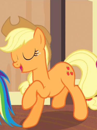Size: 373x500 | Tagged: safe, screencap, character:applejack, character:pinkie pie, character:rainbow dash, species:earth pony, species:pony, episode:rarity takes manehattan, g4, my little pony: friendship is magic, animated, beautiful, clothing, cropped, cute, eyes closed, fabulous, hat, jackabetes, mane, solo focus