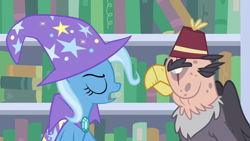 Size: 1920x1080 | Tagged: safe, screencap, character:grampa gruff, character:trixie, species:griffon, species:pony, species:unicorn, episode:a horse shoe-in, g4, my little pony: friendship is magic, blind eye, cape, clothing, duo, eye scar, eyes closed, female, fez, hat, male, mare, scar, trixie's cape, trixie's hat