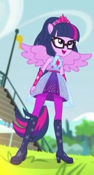 Size: 331x615 | Tagged: safe, screencap, character:twilight sparkle, character:twilight sparkle (scitwi), species:eqg human, episode:cheer you on, g4, my little pony:equestria girls, boots, cropped, female, glasses, ponied up, scitwilicorn, shoes, smiling, solo, super ponied up, wings