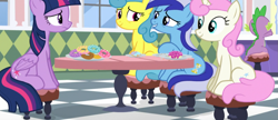 Size: 1127x489 | Tagged: safe, screencap, character:lemon hearts, character:minuette, character:spike, character:twilight sparkle, character:twilight sparkle (alicorn), character:twinkleshine, species:alicorn, species:pony, episode:amending fences, g4, my little pony: friendship is magic, donut, food, sitting
