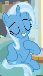 Size: 289x511 | Tagged: safe, screencap, character:trixie, species:pony, species:unicorn, episode:a horse shoe-in, g4, my little pony: friendship is magic, cropped, eyes closed, female, hoof on chest, hoof on hip, mare, proud, sitting, smiling, smug, solo