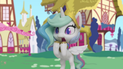 Size: 1920x1080 | Tagged: safe, screencap, character:princess celestia, species:alicorn, species:pony, g4.5, my little pony: stop motion short, my little pony:pony life, bipedal, crown, female, gasp, hooves together, hooves up, jewelry, mare, ponyville, regalia, shocked, solo, stop motion, the great race (short), wings