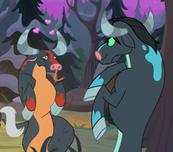 Size: 1341x1181 | Tagged: safe, screencap, character:lord tirek, character:queen chrysalis, episode:frenemies, g4, my little pony: friendship is magic, aroused, cropped, disguise, disguised changeling, female, heart, heart eyes, offscreen character, ophiotaurus, tongue out, wingding eyes