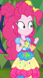Size: 491x889 | Tagged: safe, screencap, character:pinkie pie, equestria girls:sunset's backstage pass, g4, my little pony:equestria girls, beads, canvas, clothing, cropped, curly hair, cute, diapinkes, dress, female, forest background, geode of sugar bombs, gold, grass, hairband, happy, jewelry, magical geodes, music festival outfit, outdoors, paint, pants, short sleeves, smiling, wristband