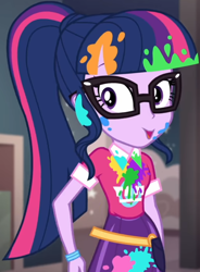 Size: 766x1038 | Tagged: safe, screencap, character:twilight sparkle, character:twilight sparkle (scitwi), species:eqg human, equestria girls:sunset's backstage pass, g4, my little pony:equestria girls, bangs, clothing, collar, cropped, cute, female, glasses, indoors, messy, music festival outfit, paint, ponytail, public restroom, shirt, short sleeves, skirt, smiling, talking, twiabetes, wristband