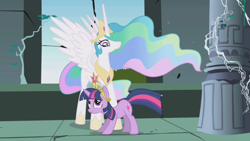 Size: 2560x1440 | Tagged: safe, screencap, character:princess celestia, character:twilight sparkle, character:twilight sparkle (unicorn), species:alicorn, species:pony, species:unicorn, episode:friendship is magic, g4, my little pony: friendship is magic, behaving like a cat, big crown thingy, castle of the royal pony sisters, crown, duo, element of magic, ethereal mane, female, jewelry, mare, peytral, regalia, spread wings, twilight cat, wings