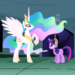 Size: 711x711 | Tagged: safe, screencap, character:princess celestia, character:twilight sparkle, character:twilight sparkle (unicorn), species:alicorn, species:pony, species:unicorn, episode:friendship is magic, g4, my little pony: friendship is magic, big crown thingy, cropped, crown, duo, element of magic, ethereal mane, female, hoof shoes, jewelry, mare, peytral, raised hoof, regalia, size difference, spread wings, wings