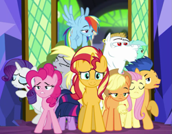 Size: 663x519 | Tagged: safe, screencap, character:applejack, character:bulk biceps, character:derpy hooves, character:flash sentry, character:fluttershy, character:lyra heartstrings, character:pinkie pie, character:rainbow dash, character:rarity, character:sunset shimmer, character:twilight sparkle, character:twilight sparkle (scitwi), species:earth pony, species:pegasus, species:pony, species:unicorn, equestria girls:spring breakdown, g4, my little pony:equestria girls, cropped, equestria girls ponified, humane five, humane seven, humane six, ponified, smiling, tired, twilight's castle, unicorn sci-twi