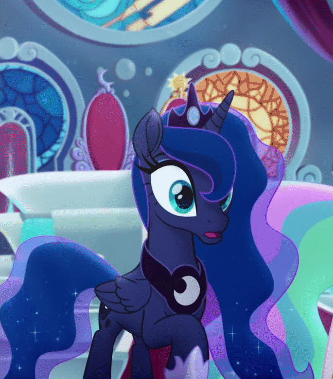 Size: 685x779 | Tagged: safe, screencap, character:princess luna, species:alicorn, species:pony, my little pony: the movie (2017), animated, beautiful, canterlot castle, cropped, crown, ethereal mane, eyeshadow, female, flowing mane, flowing tail, folded wings, galaxy mane, jewelry, luna is not amused, makeup, mare, multicolored hair, narrowed eyes, offscreen character, peytral, raised eyebrow, raised hoof, regalia, solo focus, starry tail, throne, throne room, unamused