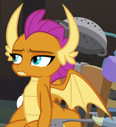 Size: 503x551 | Tagged: safe, screencap, character:smolder, species:dragon, episode:a horse shoe-in, g4, my little pony: friendship is magic, bored, chair, cropped, doctor whooves' lab, dragoness, fangs, female, frown, horns, invention, laboratory, looking at someone, narrowed eyes, smolder is not amused, solo, spread wings, teenaged dragon, teenager, unamused, unimpressed, waiting, wings
