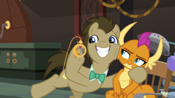 Size: 1920x1080 | Tagged: safe, screencap, character:doctor whooves, character:smolder, character:time turner, species:dragon, species:earth pony, species:pony, episode:a horse shoe-in, g4, my little pony: friendship is magic, bored, chair, cheek to cheek, clockwork, cute, doctor whooves' lab, doctorbetes, dragoness, duo, excited, fangs, female, frown, grin, horns, invention, laboratory, looking sideways, male, narrowed eyes, passionate, pocket watch, side hug, slit eyes, smiling, smolder is not amused, squishy cheeks, stallion, teenaged dragon, teenager, unamused, unimpressed