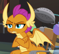Size: 599x555 | Tagged: safe, screencap, character:smolder, species:dragon, episode:a horse shoe-in, g4, my little pony: friendship is magic, bored, chair, claws, cropped, crossed arms, dragoness, fangs, female, horns, laboratory, narrowed eyes, raised eyebrow, smolder is not amused, solo, spread wings, teenaged dragon, teenager, unamused, wings