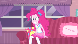 Size: 1920x1080 | Tagged: safe, screencap, character:pinkie pie, episode:pinkie sitting, g4, my little pony:equestria girls, couch, crazy smile, cute, diapinkes, excited, solo