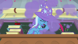 Size: 1920x1080 | Tagged: safe, screencap, character:trixie, species:pony, species:unicorn, episode:a horse shoe-in, g4, my little pony: friendship is magic, cape, clothing, coughing, eyes closed, female, hat, mare, smoke, solo, trixie's cape, trixie's hat