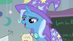 Size: 1920x1080 | Tagged: safe, screencap, character:trixie, species:pony, species:unicorn, episode:a horse shoe-in, g4, my little pony: friendship is magic, cape, clothing, female, hat, mare, solo, trixie's cape, trixie's hat