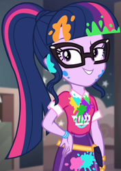 Size: 764x1080 | Tagged: safe, screencap, character:twilight sparkle, character:twilight sparkle (scitwi), species:eqg human, equestria girls:sunset's backstage pass, g4, my little pony:equestria girls, bangs, clothing, collar, cropped, cute, female, glasses, hand on hip, indoors, lidded eyes, music festival outfit, paint, ponytail, public restroom, raised eyebrow, short sleeves, skirt, smiling, talking, twiabetes, wristband