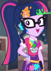 Size: 770x1080 | Tagged: safe, screencap, character:twilight sparkle, character:twilight sparkle (scitwi), species:eqg human, equestria girls:sunset's backstage pass, g4, my little pony:equestria girls, bangs, clothing, collar, cropped, cute, female, glasses, hand on hip, indoors, messy, music festival outfit, paint, ponytail, public restroom, shirt, short sleeves, skirt, smiling, talking, twiabetes, wristband