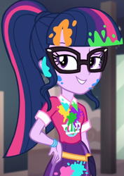 Size: 765x1080 | Tagged: safe, screencap, character:twilight sparkle, character:twilight sparkle (scitwi), species:eqg human, equestria girls:sunset's backstage pass, g4, my little pony:equestria girls, bangs, clothing, collar, cropped, cute, female, glasses, indoors, lidded eyes, messy, music festival outfit, paint, ponytail, public restroom, raised eyebrow, shirt, short sleeves, skirt, smiling, talking, twiabetes