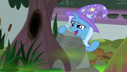 Size: 1920x1080 | Tagged: safe, screencap, character:trixie, species:pony, species:unicorn, episode:a horse shoe-in, g4, my little pony: friendship is magic, cattails, clothing, female, hat, mare, solo, trixie's hat